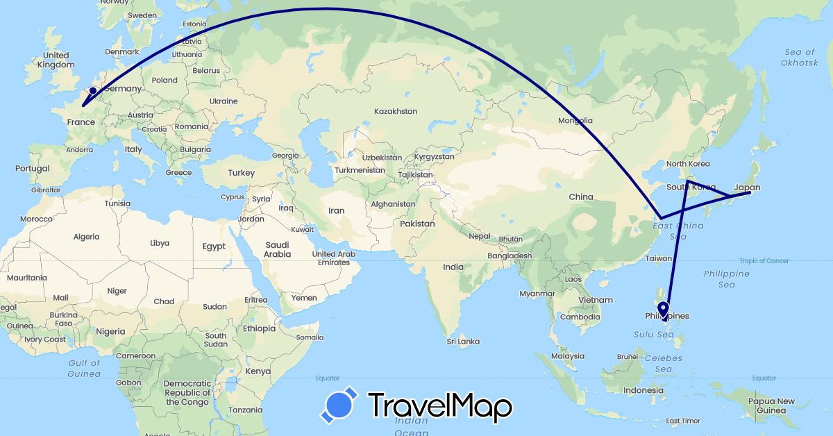 TravelMap itinerary: driving in Belgium, China, France, Japan, South Korea, Philippines (Asia, Europe)